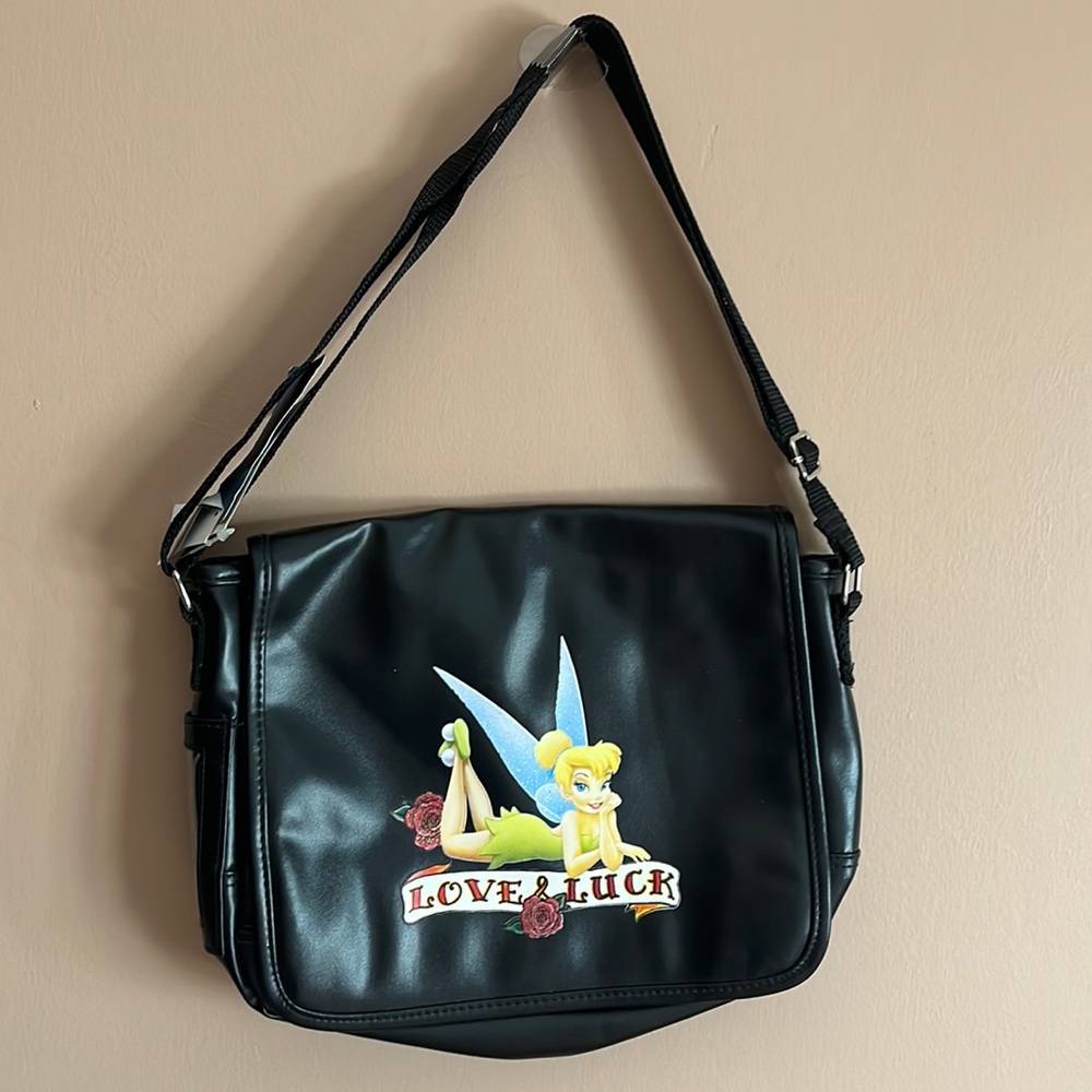 Black Disney Tinkerbell Messenger Cross body Bag New Old Stock Stored Love Luck